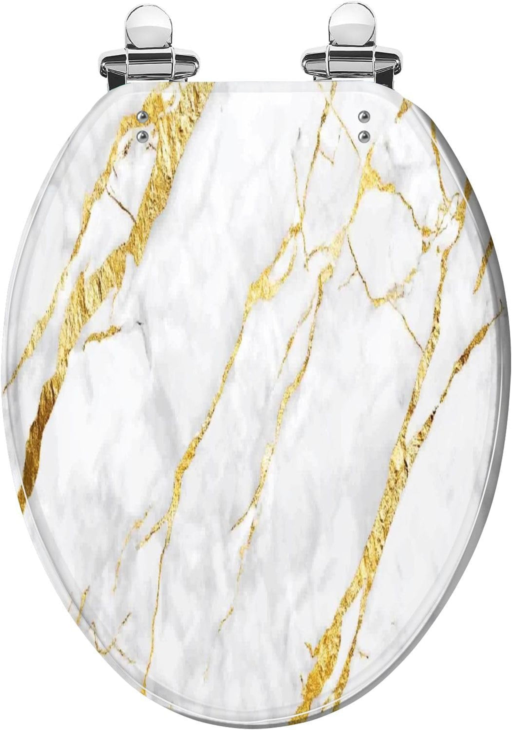 Elongated Toilet Seat White gold marble luxury wall texture shine golden line abstract Art Resin Toilet Seat Easy to Install Quietly Close Quick Release Hinges Decorative Toilet Seat with Cover