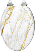 Elongated Toilet Seat White gold marble luxury wall texture shine golden line abstract Art Resin Toilet Seat Easy to Install Quietly Close Quick Release Hinges Decorative Toilet Seat with Cover