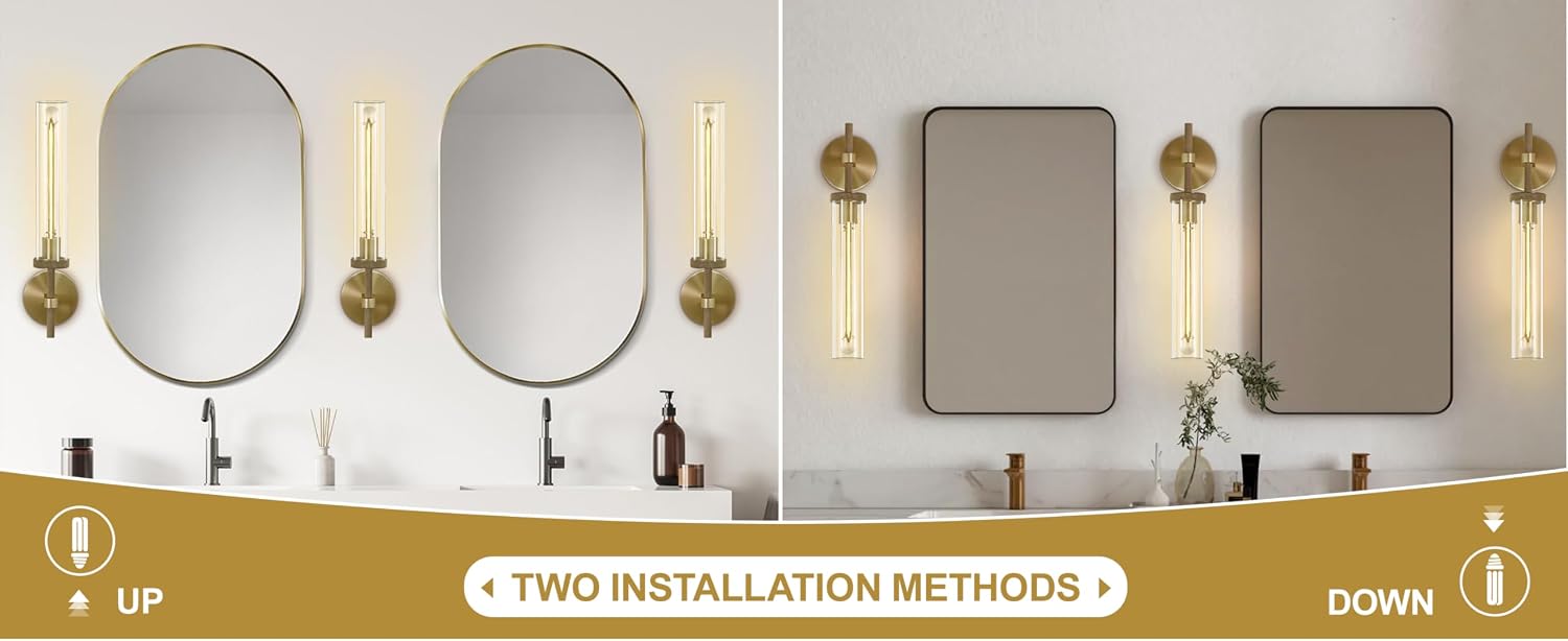Brass Sconces Wall Lighting, 19' Tube Glass Gold Sconces, Bathroom Wall Sconces Lighting Vanity Lights Wall Lights for Living Room, Hallway, Fireplace, Staircase