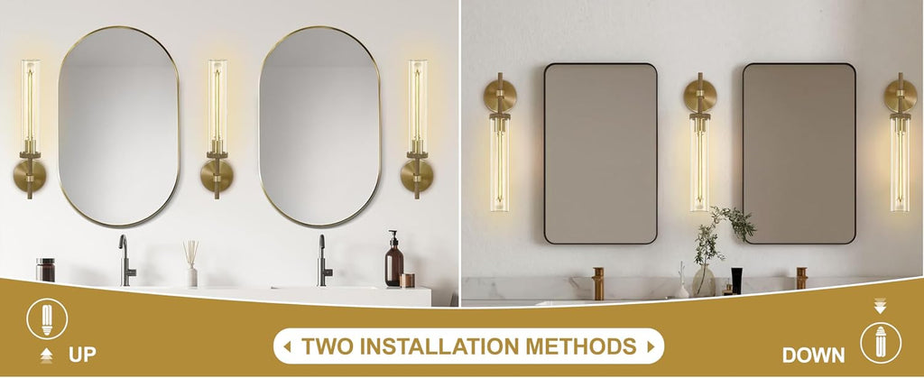 19' Modern Gold Wall Sconces Set of 2, Knurled Brass Vanity Lights with Clear Tube Glass Shade, Industrial Long Linear Wall Lamp for Bathroom Mirror, Hallway, Living Room, Staircase