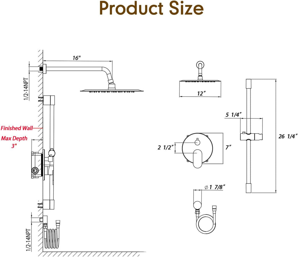 Gabrylly Shower System, High Pressure 12' Rain Shower Head with Handheld Shower, Wall Mounted Slide Bar Shower Faucet Set Complete, Shower Combo Set with Shower Valve,Brushed Gold