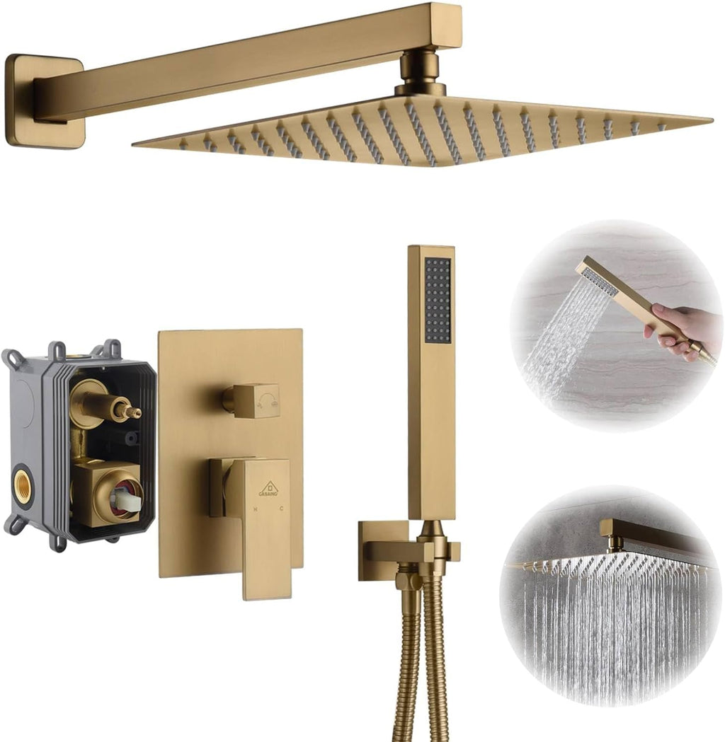 CASAINC 10 Inch Rain Shower Head with Handheld Spray, Wall Mounted Shower Valve and Trim Kit Luxury Shower Faucets Sets Complete Dual Shower Heads Shower System (Brushed Gold)