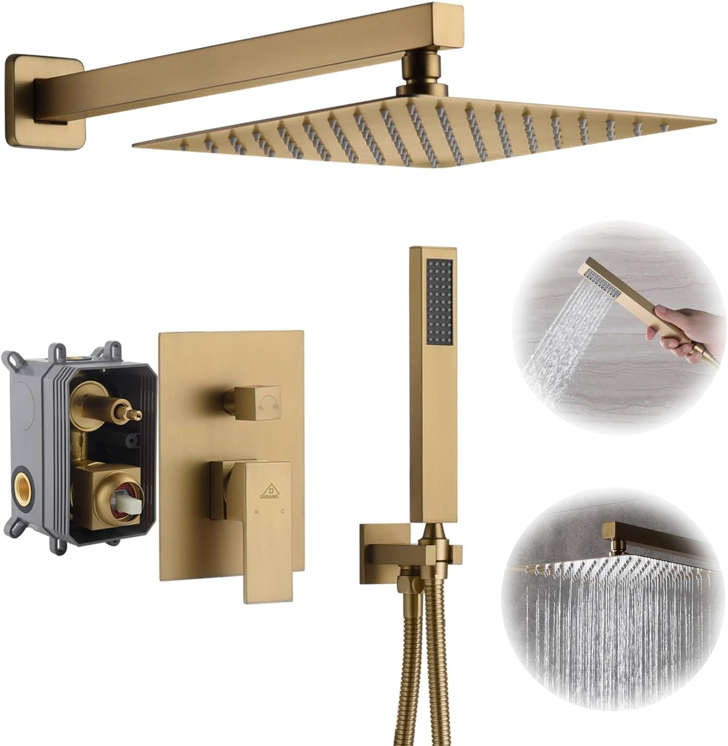 CASAINC 10 Inch Rain Shower Head with Handheld Spray, Wall Mounted Shower Valve and Trim Kit Luxury Shower Faucets Sets Complete Dual Shower Heads Shower System (Brushed Gold)