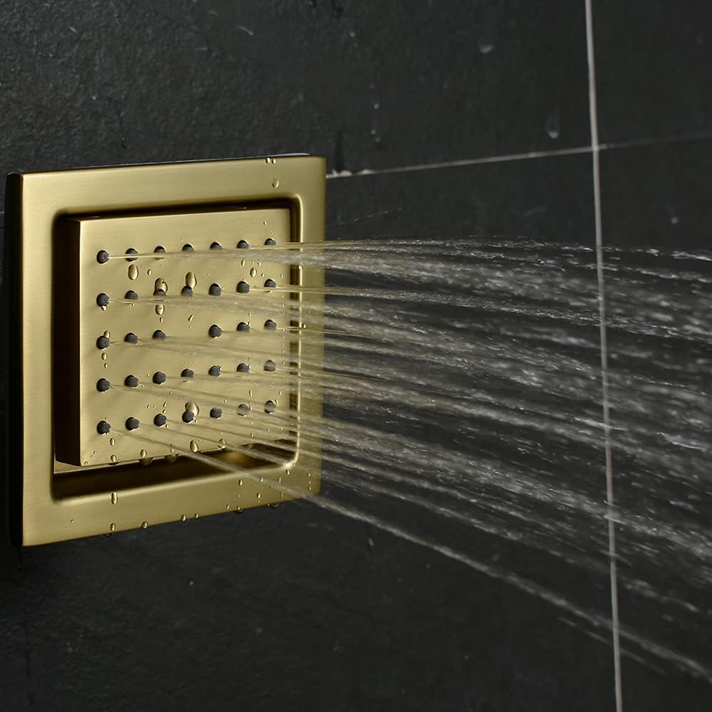5 Function Thermostatic Shower System 16X24 inch Shower Head Set with Handheld Spray, 4 Body Jet, Brushed Gold