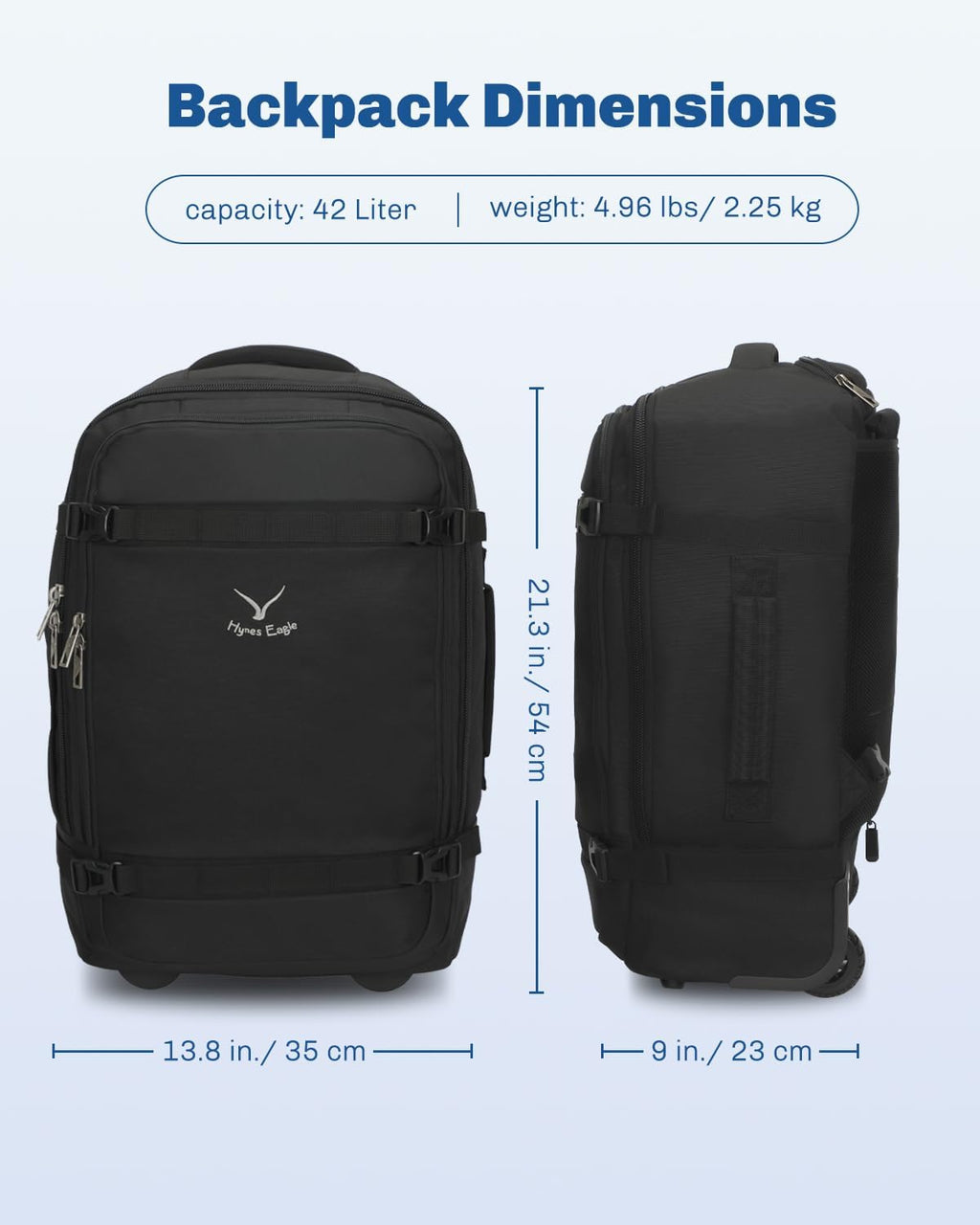 Hynes Eagle Rolling Backpack 42L Backpack with Wheels Airline Approved Carry on Luggage Laptop Travel Suitcase Bag for Women Men Jet Black