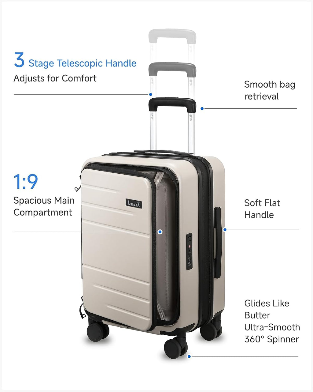 LUGGEX Carry On Luggage Top Opening, FLT Expandable Polycarbonate Hard Shell Suitcase with Wheels (FX-Lite, Beige, 20 Inch, 36L-41L)
