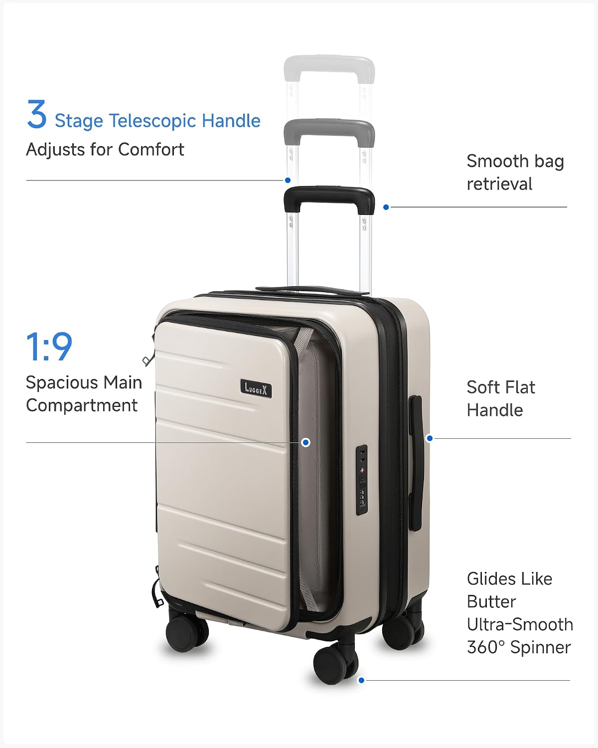 LUGGEX Carry On Luggage Top Opening, FLT Expandable Polycarbonate Hard Shell Suitcase with Wheels (FX-Lite, Beige, 20 Inch, 36L-41L)