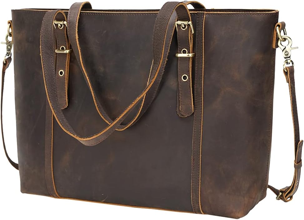 TIDING Leather Tote Bag for Women Work, Vintage Business Laptop Handbag Shoulder Bag with Adjustable Handles