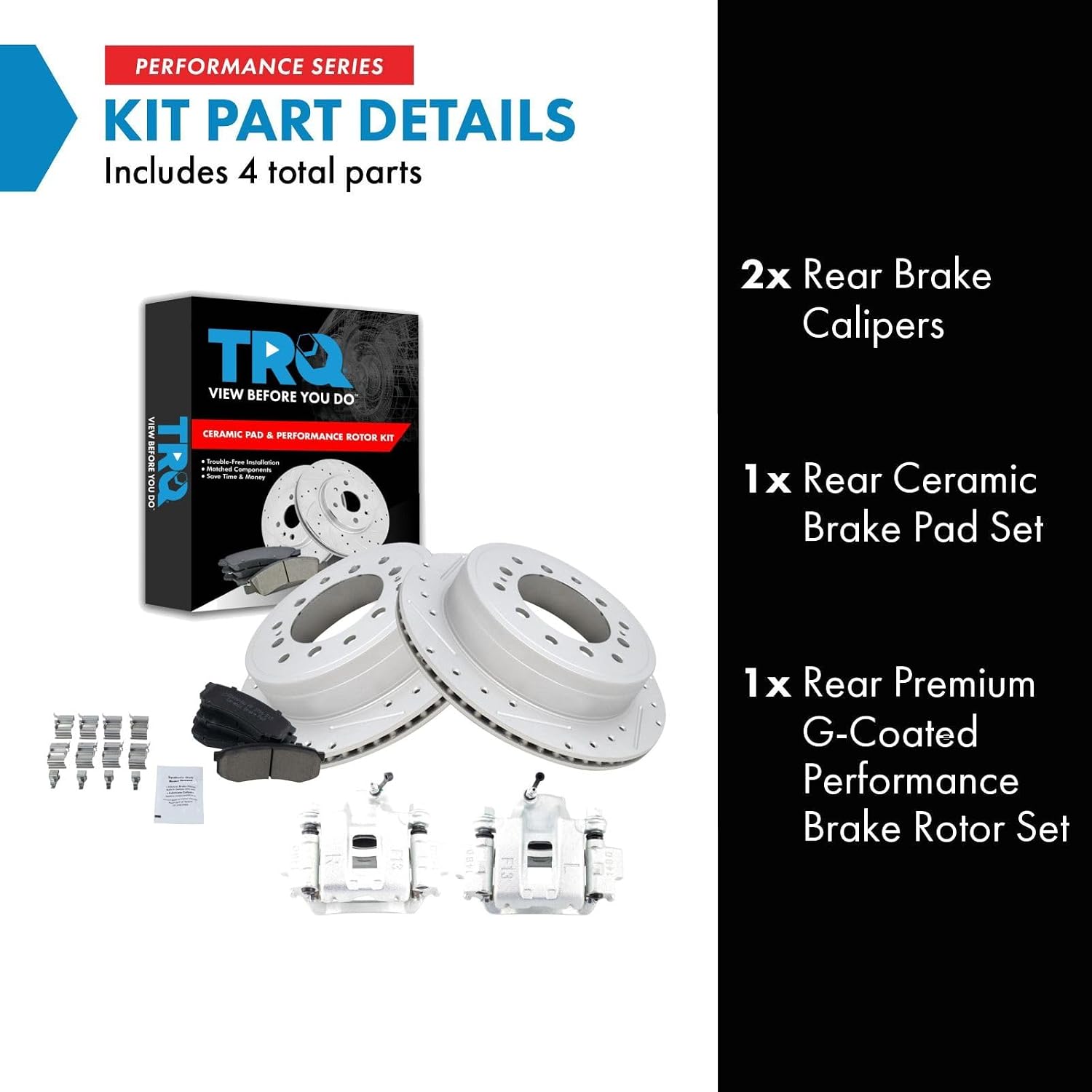 TRQ Performance Rear Brake Pad and Rotor Set Ceramic Vented Coated Slotted Drilled Rotors Calipers Compatible with 2010-2014 Toyota FJ Cruiser