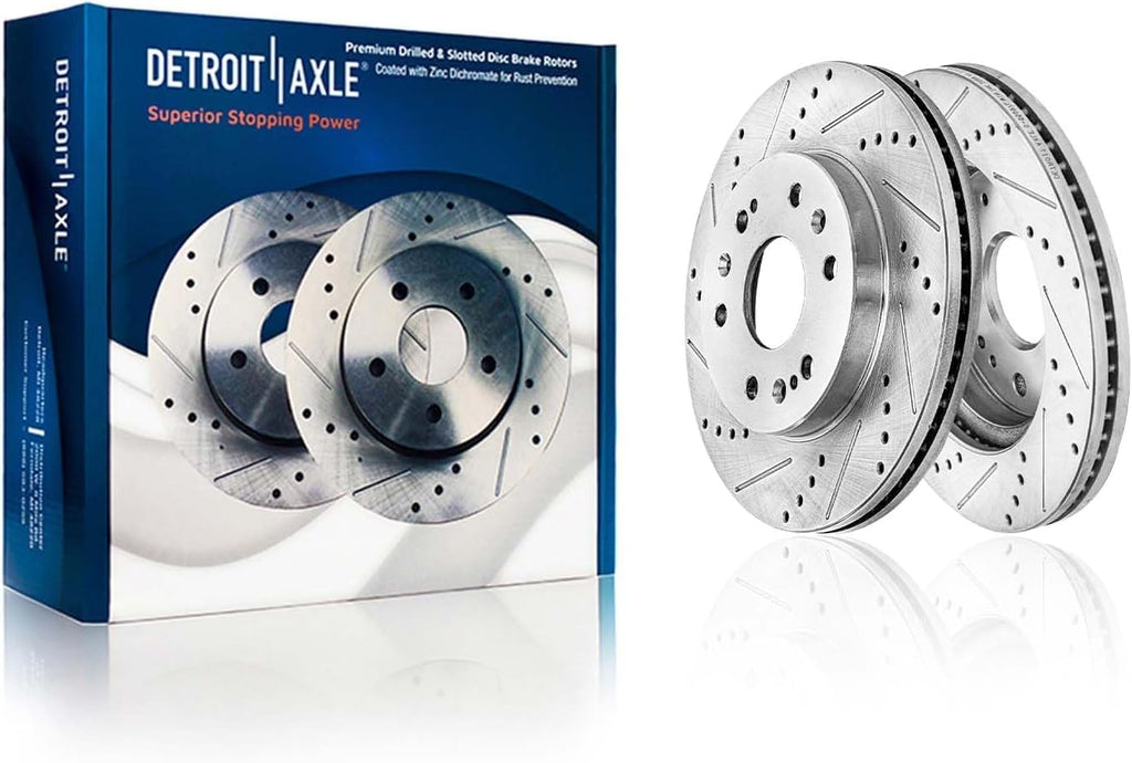 Detroit Axle - Brake Kit for 2005-2007 Chevy GMC Silverado Sierra 1500, Drilled and Slotted Brake Rotors Ceramic Pads Rear Drums Shoes Replacement : 12.99' inch Front Rotor