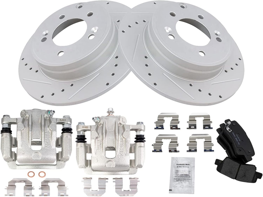 TRQ Performance Rear Brake Pad and Rotor Set Ceramic Solid Coated Rotors Calipers Compatible with 2012-2017 Hyundai Azera 2011-2015 Kia Optima
