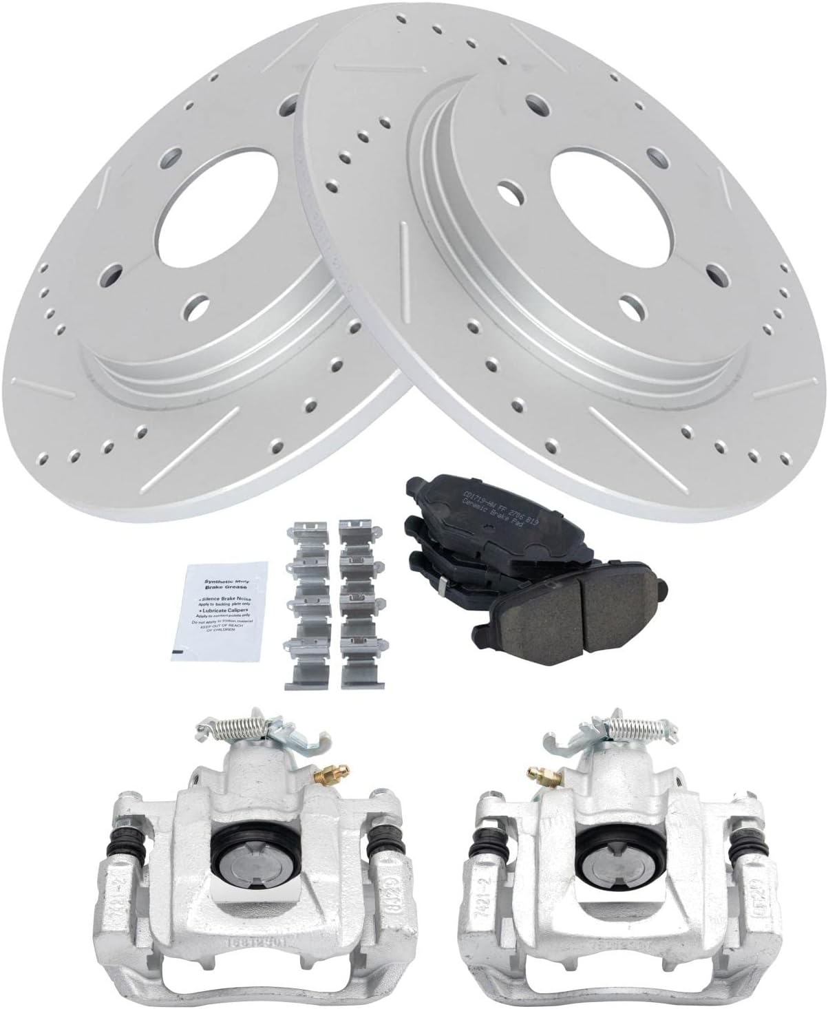 TRQ Performance Rear Brake Pad and Rotor Set Ceramic Drilled Slotted Solid Rotors Calipers Compatible with 12-16 Chrysler Town & Country Grand Caravan 12-15 Ram Cargo Van 13-14 Volkswagen Routan