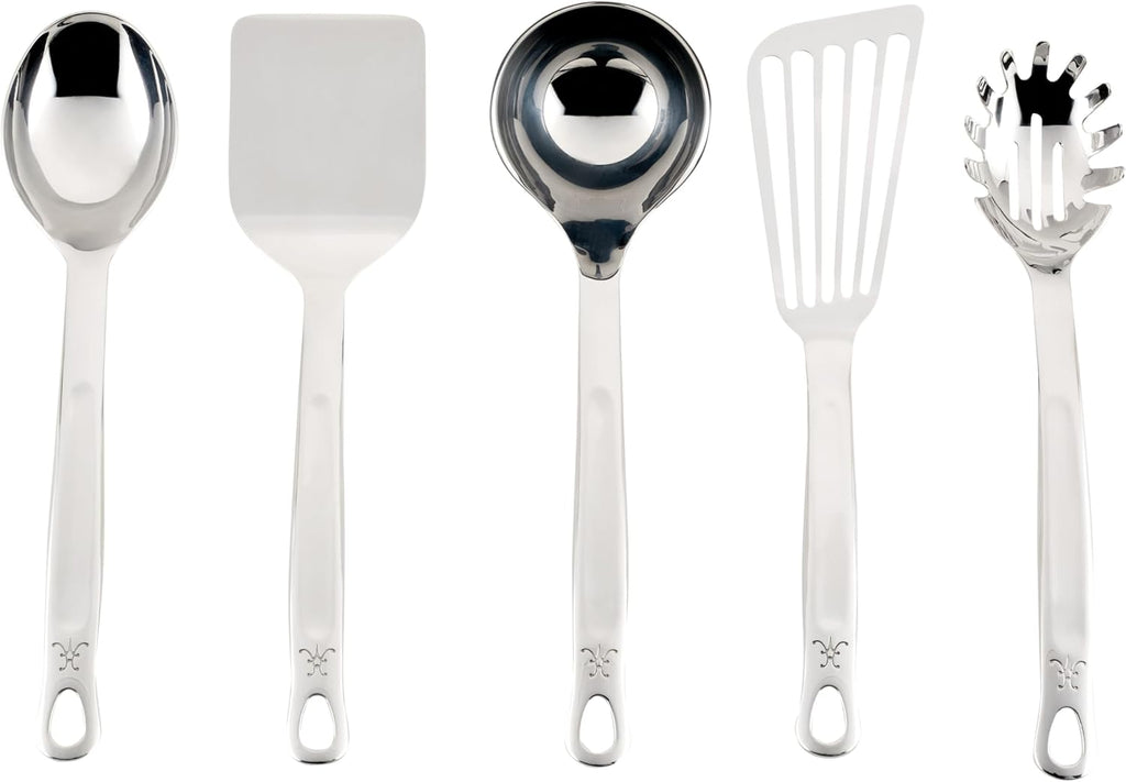 Hestan Provisions Chef's Tools, Essential Set (5-Piece), Stainless Steel Solid Spoon, Ladle, Pasta Fork, Turner/Spatula, Fish Spatula