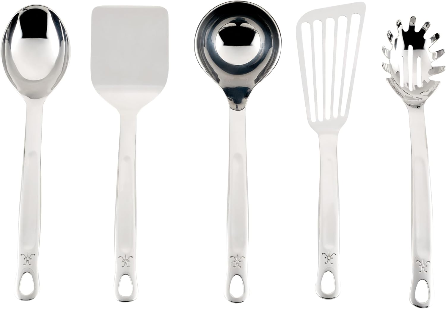Hestan Provisions Chef's Tools, Essential Set (5-Piece), Stainless Steel Solid Spoon, Ladle, Pasta Fork, Turner/Spatula, Fish Spatula