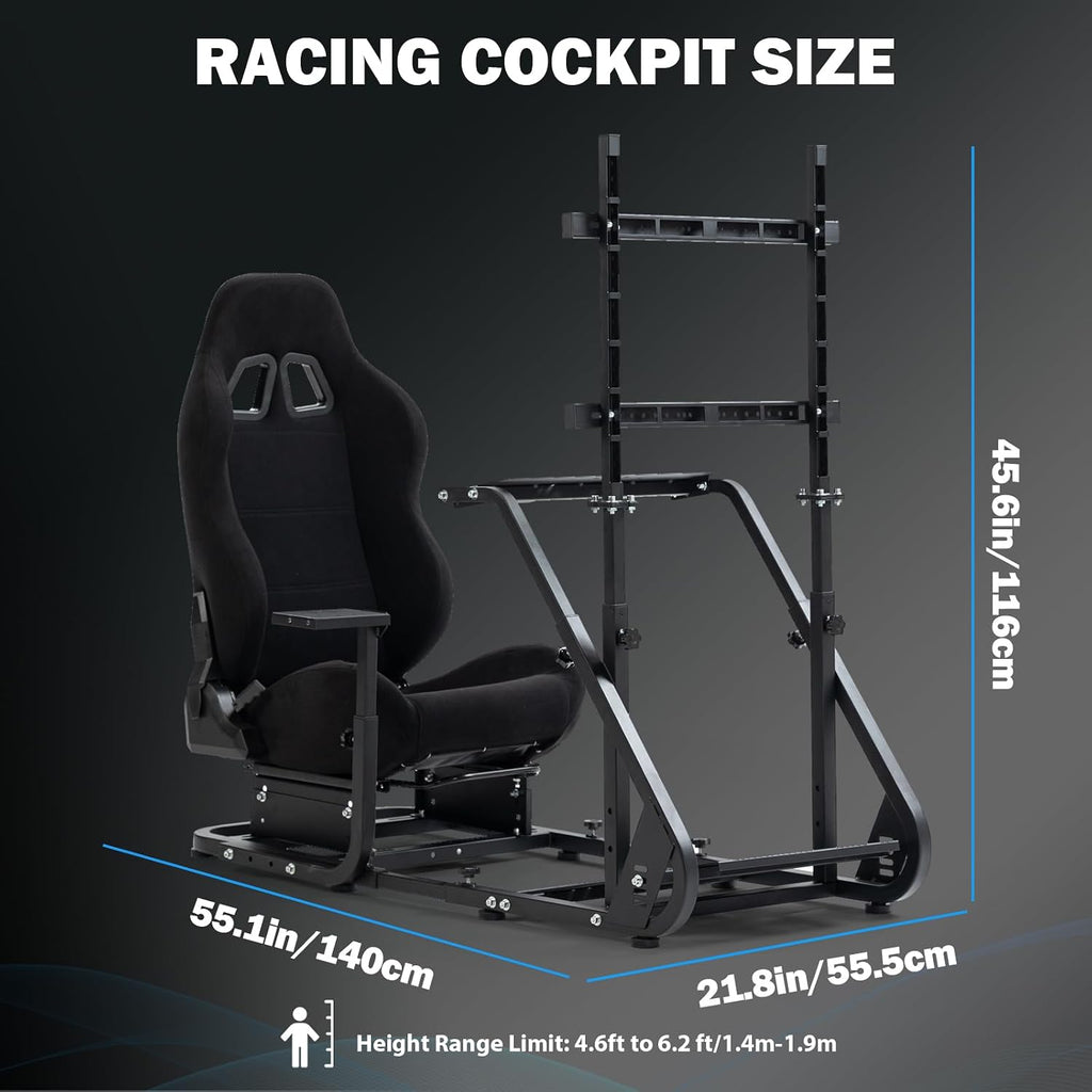 Anman Sim Racing Simulator Cockpit Black Seat with Visualizer Monitor Stand Fit for Logitech G25 G27 G29 G920 G923, for Thrustmaster T300RS TX, for Fanatec,Excluding Electronic Devices