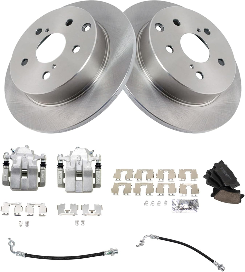 TRQ Rear Brake Pad and Rotor Set Ceramic Rotors Calipers Hoses Compatible with 2012-2018 Toyota RAV4