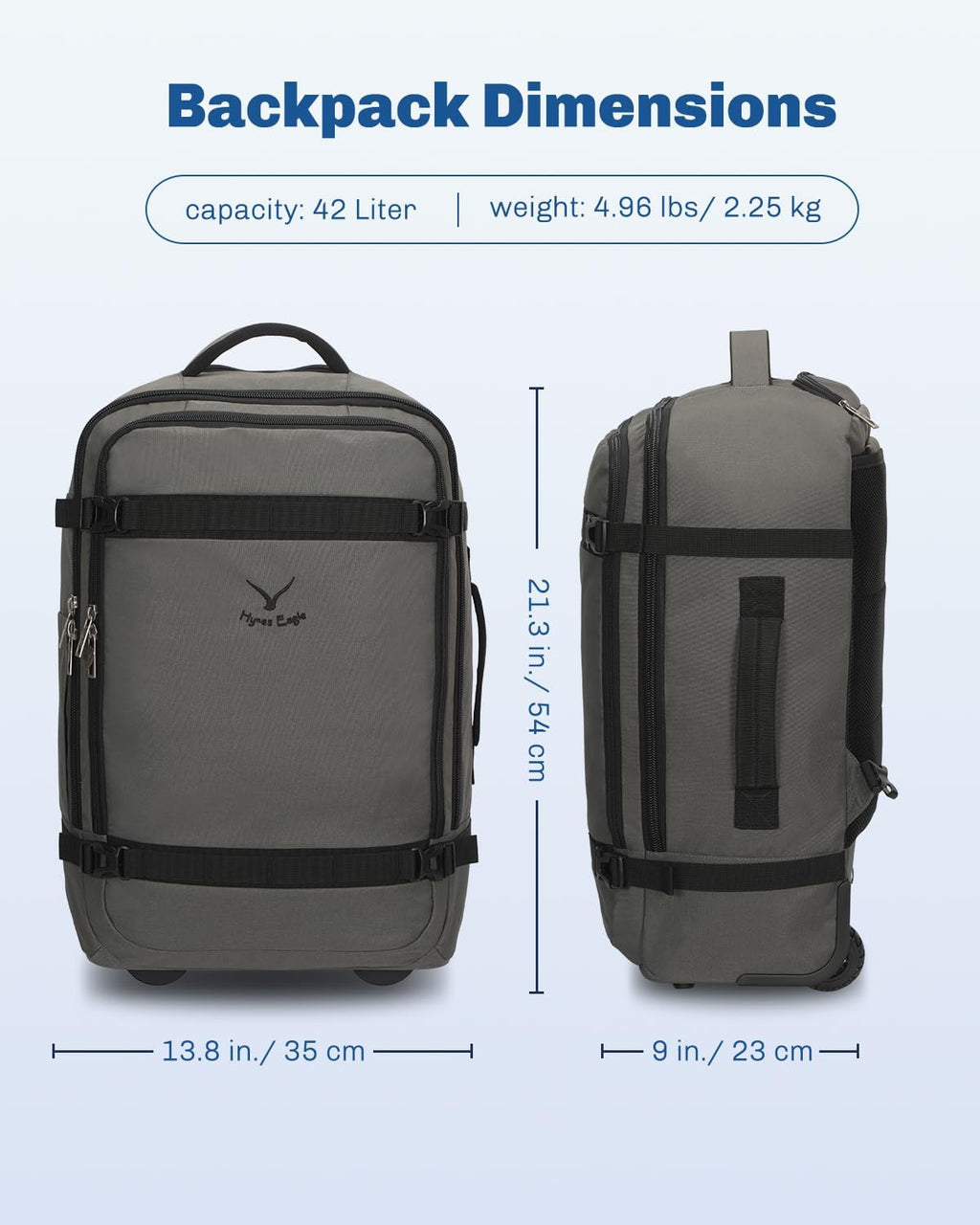Hynes Eagle Rolling Backpack 42L Backpack with Wheels Airline Approved Carry on Luggage Laptop Travel Suitcase Bag for Women Men Dark Grey