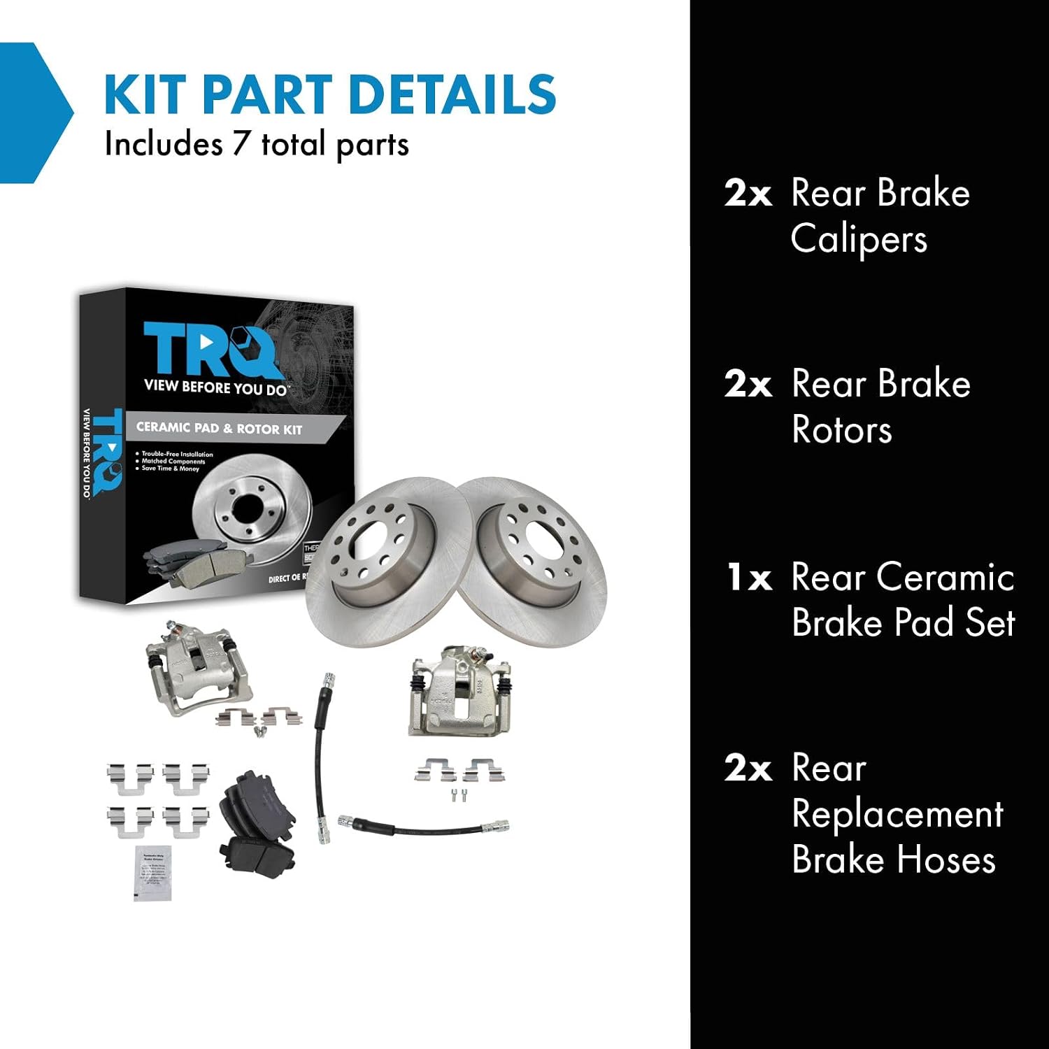 TRQ Rear Brake Pad and Rotor Set Ceramic Rotors Calipers Hoses Compatible with 2009-2016 Volkswagen CC 2009-2010 Passat