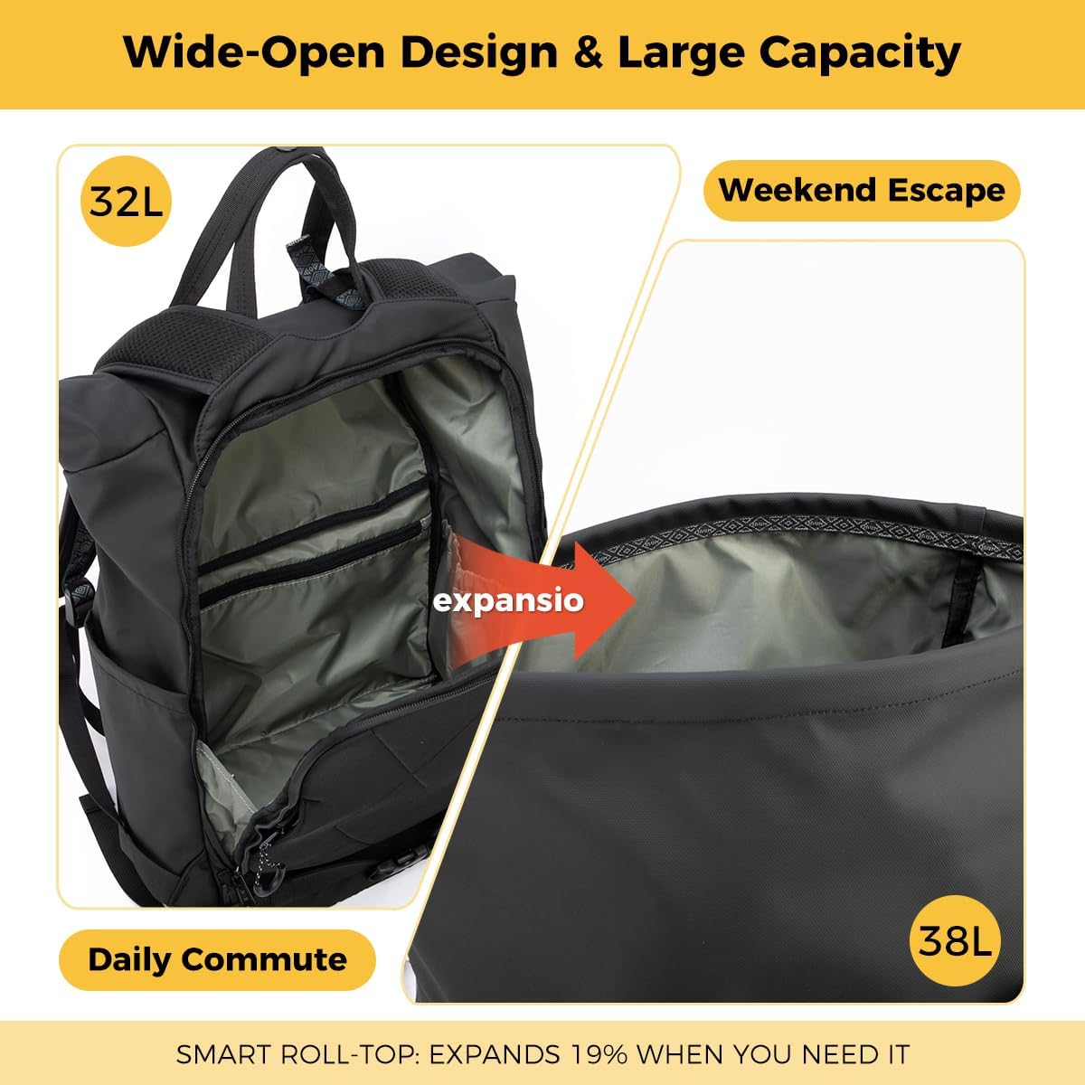 INUK 38L Travel Backpack for Men & Women, Water Resistant Laptop Backpack Hiking Daypack, Eco Friendly Made from 32 Recycled Plastic Bottles with Safety Whistle & Fidlock Magnetic Buckle, Black