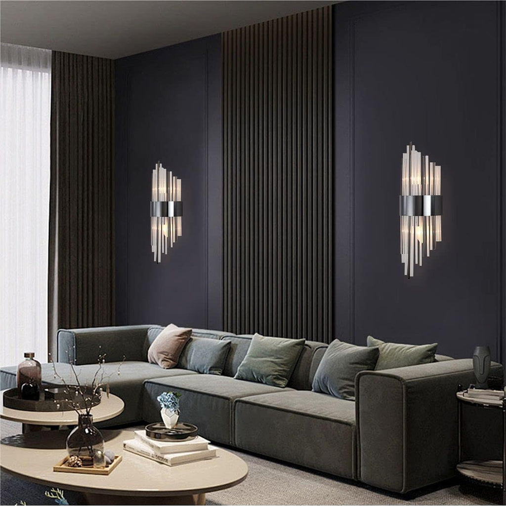 BOKT Modern Wall Mount Lamp 2 Light Fixtures Crystal Wall Sconce Lighting, Elegant Wall Sconces with Brass Base for Bedroom Living Room Bathroom Hallway Entryway Hotel Restaurant (2 Pack Black)