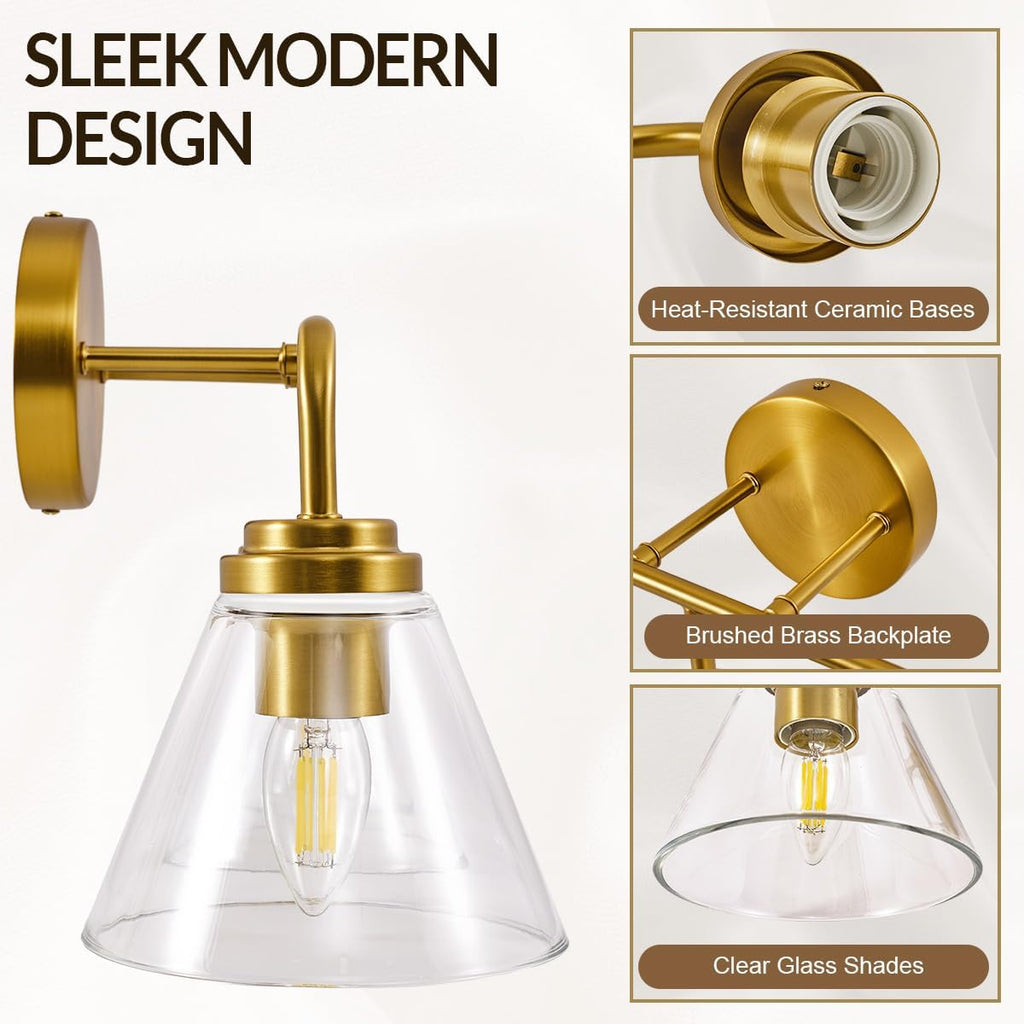 ANDY STAR Vanity Lights for Bathroom 2 Light - Brushed Gold Bathroom Light Fixtures with Clear Cone-Shaped Glass, Brass Modern Geometric Design Wall Lights for Hallway, Bedroom, E26 Base (No Bulbs)