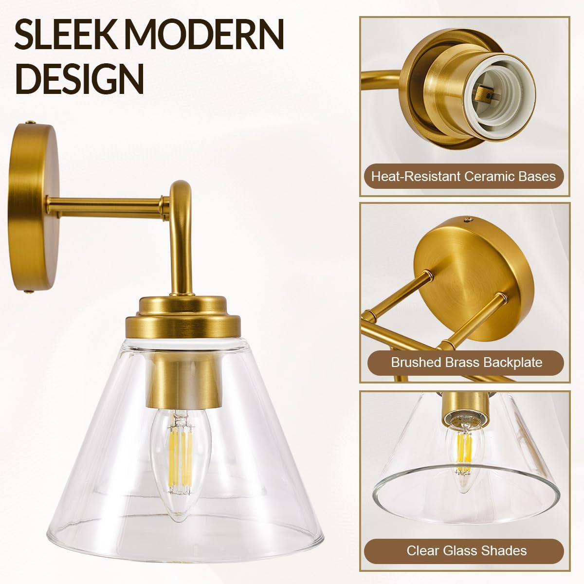 ANDY STAR Vanity Lights for Bathroom 2 Light - Brushed Gold Bathroom Light Fixtures with Clear Cone-Shaped Glass, Brass Modern Geometric Design Wall Lights for Hallway, Bedroom, E26 Base (No Bulbs)