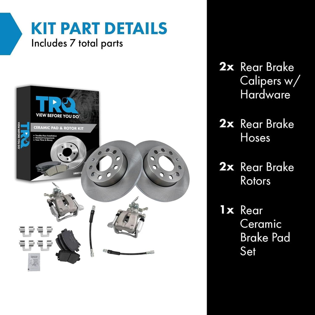 TRQ Rear Brake Pad and Rotor Set Ceramic Solid Rotors Calipers Hoses Compatible with 2006-2010 Volkswagen Jetta 2006-2009 Rabbit