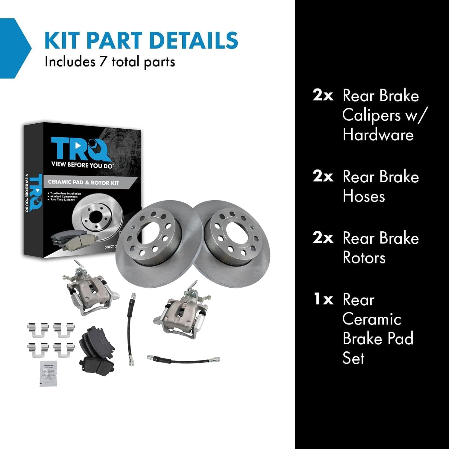 TRQ Rear Brake Pad and Rotor Set Ceramic Solid Rotors Calipers Hoses Compatible with 2006-2010 Volkswagen Jetta 2006-2009 Rabbit