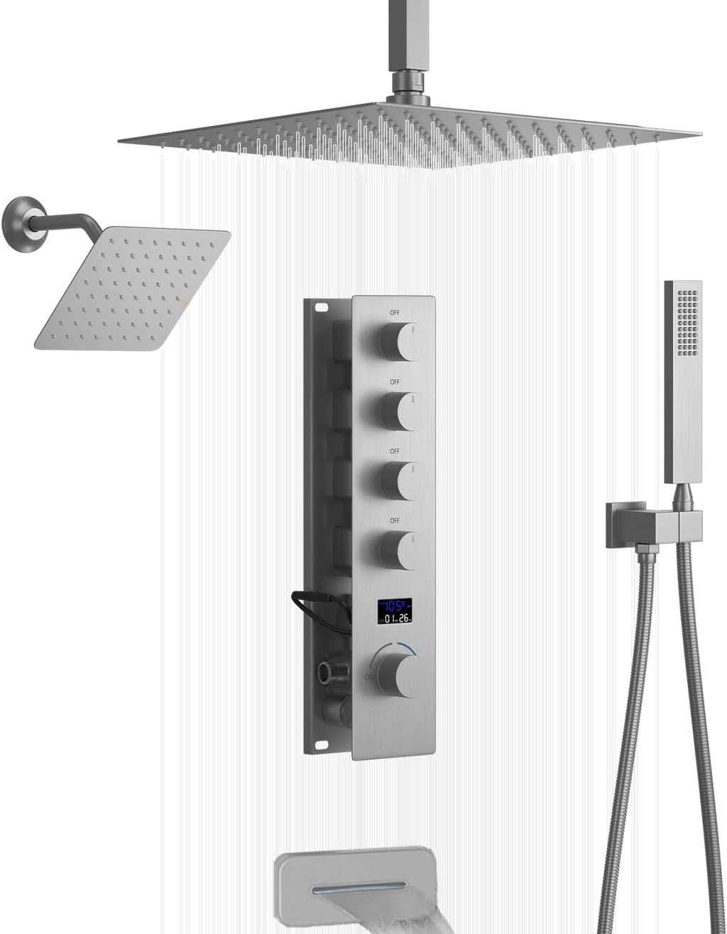 Brushed Nickel Ceiling Full Body Shower System With Dual Shower Heads 12' Top Shower & 8' Side Spray Hand Shower and Waterfall Tub Spout,Digital Display Shower Set
