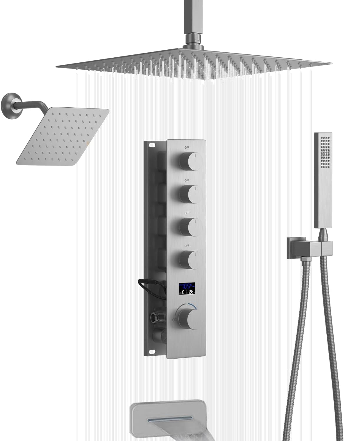 Brushed Nickel Ceiling Full Body Shower System With Dual Shower Heads 12' Top Shower & 8' Side Spray Hand Shower and Waterfall Tub Spout,Digital Display Shower Set