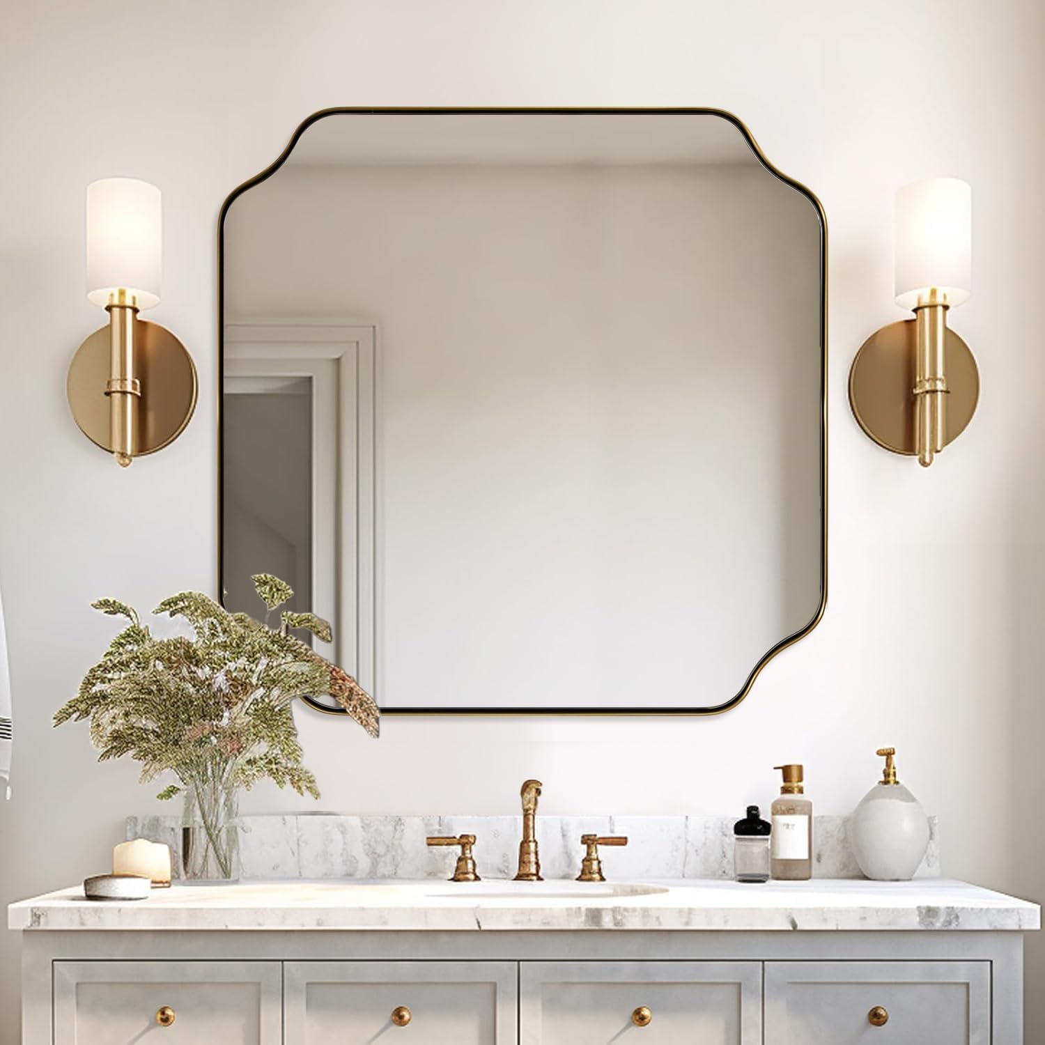 ANDY STAR Square Gold Vanity Mirrors, 24'x24' Brushed Brass Scalloped Bathroom Mirror, Antique Wall Mirror with Anti-Rust Stainless Steel Frame, Rounded Notched Corner Design Ideal for Home Deocr