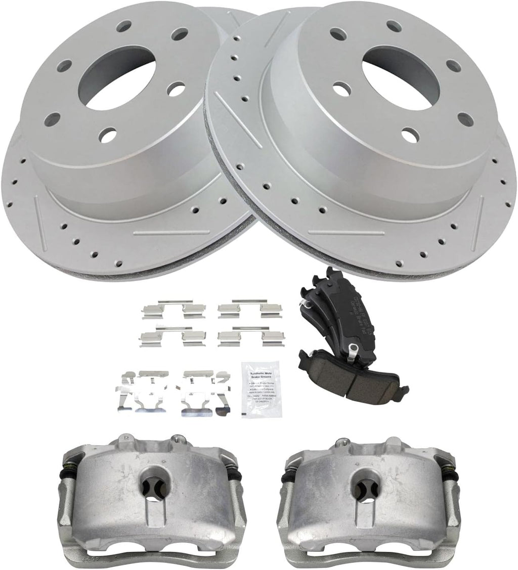 TRQ Performance Rear Brake Pad and Rotor Set Ceramic Vented Coated Rotors Calipers Compatible with 2005 Chevrolet Silverado 1500