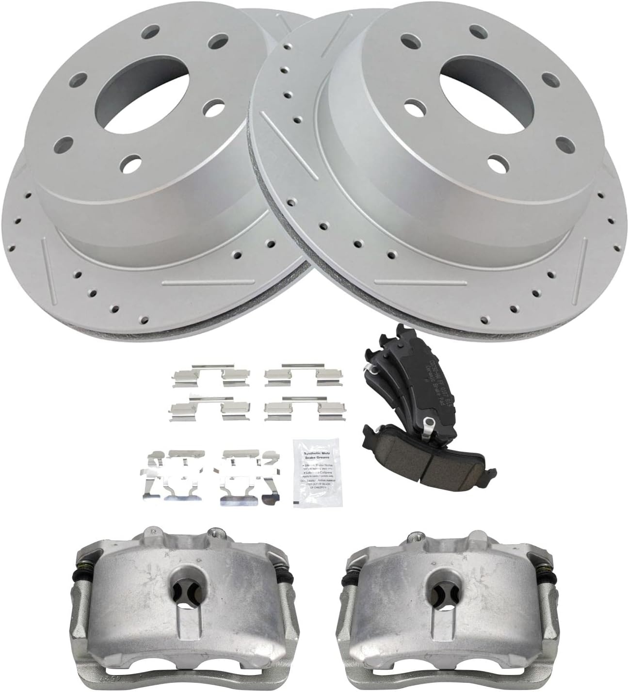 TRQ Performance Rear Brake Pad and Rotor Set Ceramic Vented Coated Rotors Calipers Compatible with 2005 Chevrolet Silverado 1500