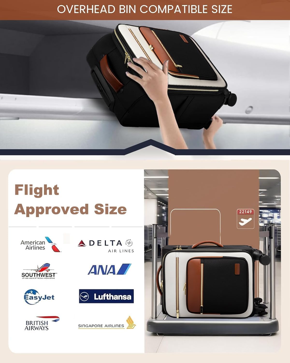 LOVEVOOK Carry on Suitcase 22x14x9 Airline Approved,20 inch Lightweight Waterproof Suitcases with 360° silent swivel wheels, TSA Lock and Compartment, Large Capacity travel Suitcase Black-White-brown