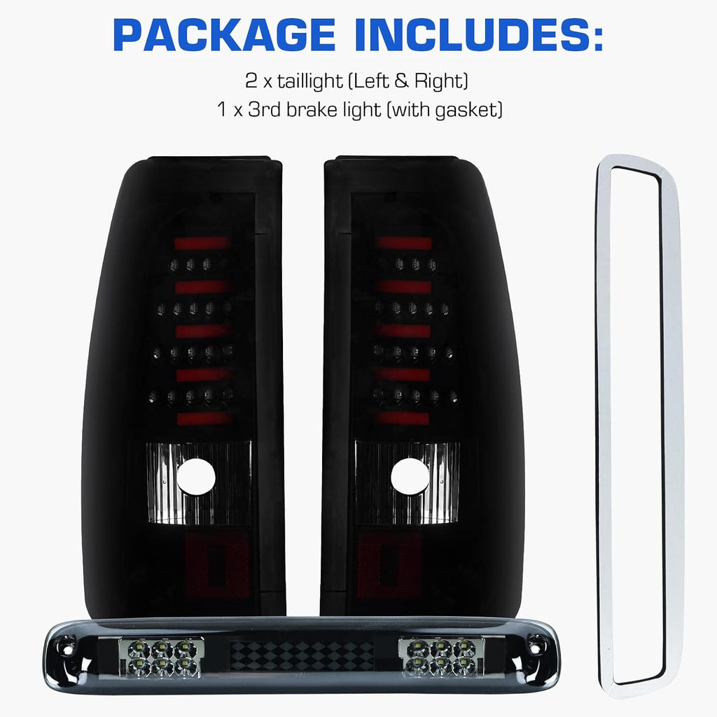 LED Tail Light + 3rd Brake Light Kit Fit for Chevy Silverado & for GMC Sierra 1500 2500 HD 2003-2006, Silverado Sierra 3500 2004-2006, Silverado/Sierra Classic Models 2007, Black Housing Smoke Lens