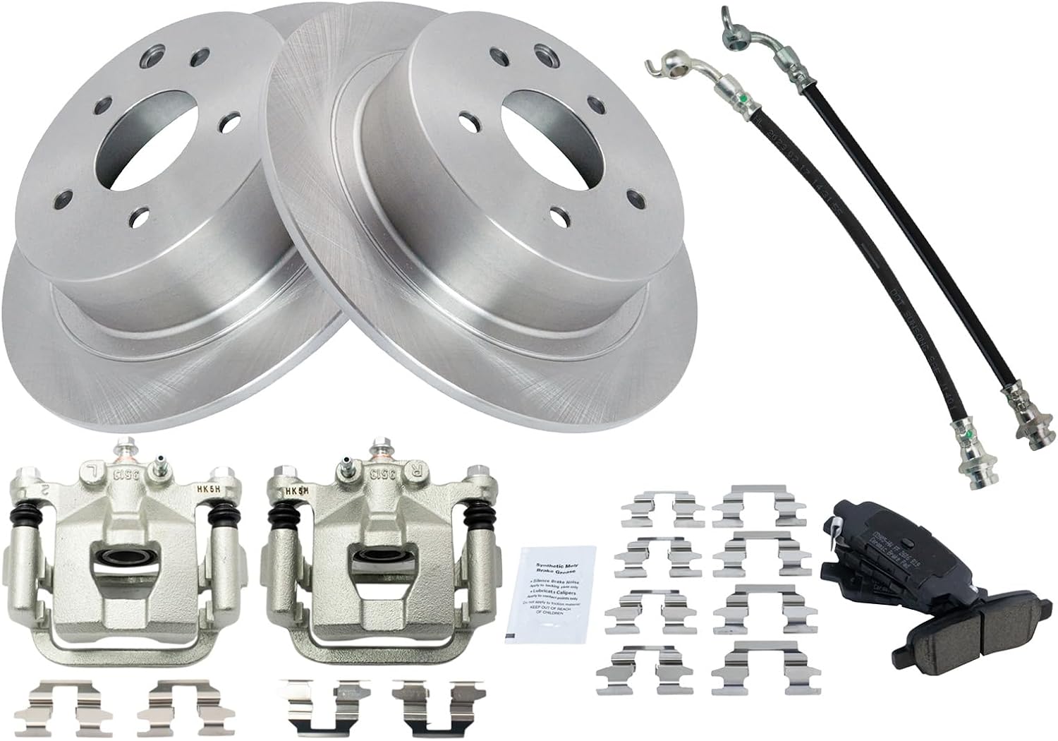 TRQ Rear Brake Pad and Rotor Set Ceramic Rotors Calipers Hoses Compatible with 2007-2008 Nissan Maxima