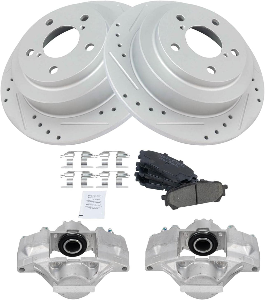 TRQ Performance Rear Brake Pad and Rotor Set Ceramic Solid Rotors Calipers Compatible with 2006-2007 Subaru Impreza
