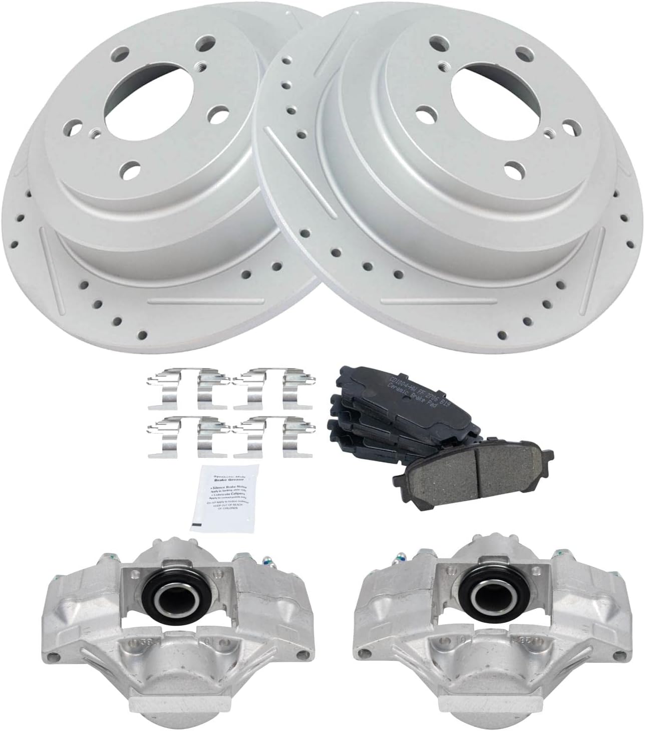 TRQ Performance Rear Brake Pad and Rotor Set Ceramic Solid Rotors Calipers Compatible with 2006-2007 Subaru Impreza
