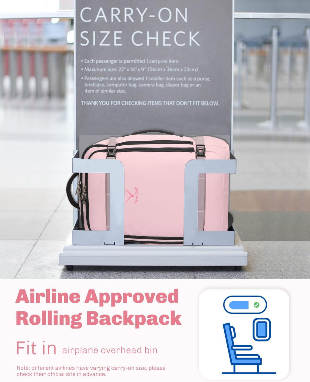Hynes Eagle Rolling Backpack 42L Backpack with Wheels Airline Approved Carry on Luggage Laptop Travel Suitcase Bag for Women Men Light Pink