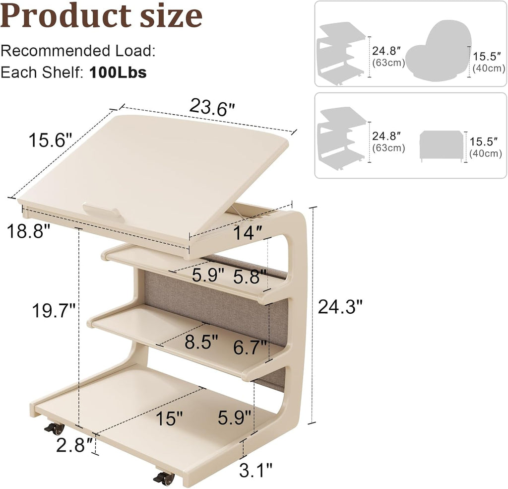 AQIMUELE Rolling Side Table, C Shaped End Table, C Table with 4 Wheels Solid Wood Small Rolling Desk with Adjustable Desktop,C Shaped End Table for Couch,Home Office(15.6' D x 23.6' W x 24.3' H)