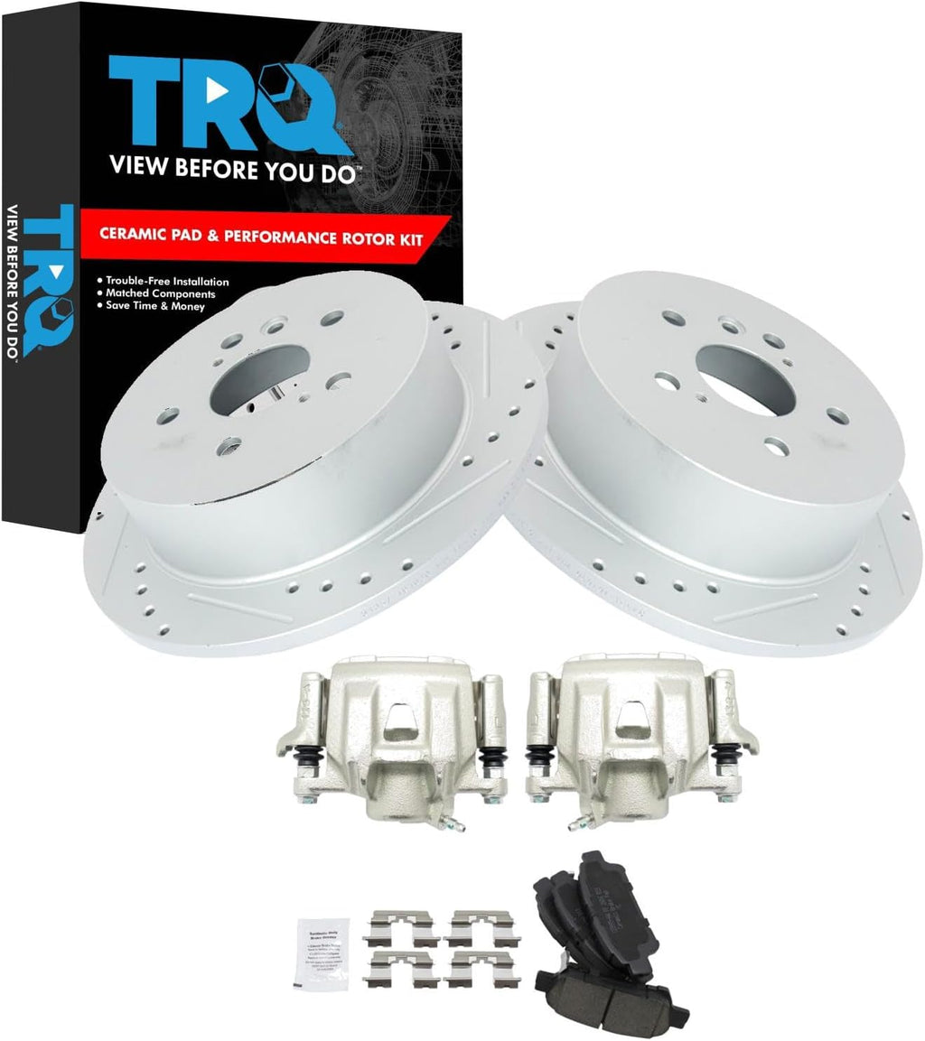 TRQ Performance Rear Brake Pad and Rotor Set Ceramic Solid Rotors Calipers Compatible with 2004-2010 Toyota Sienna