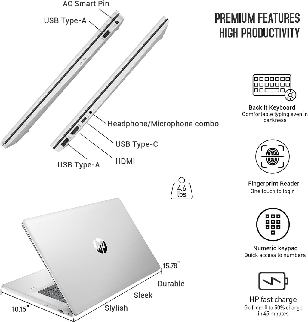 HP 17 Touchscreen Laptop Computer, 17.3' HD+ Touch Screen Laptop Notebook PC, Intel 10-Core i7, 64GB RAM 1TB SSD, Windows 11 Pro, 10 Key Backlit Keyboard, Fingerprint Reader, Wi-Fi 6