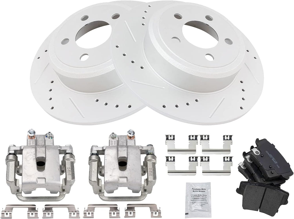 TRQ Performance Rear Brake Pad and Rotor Set Ceramic Slotted Drilled G Coated Solid Rotors Calipers Compatible with 2005 2012 Chrysler 300 2013-2014 Dodge Challenger 2014 Charger