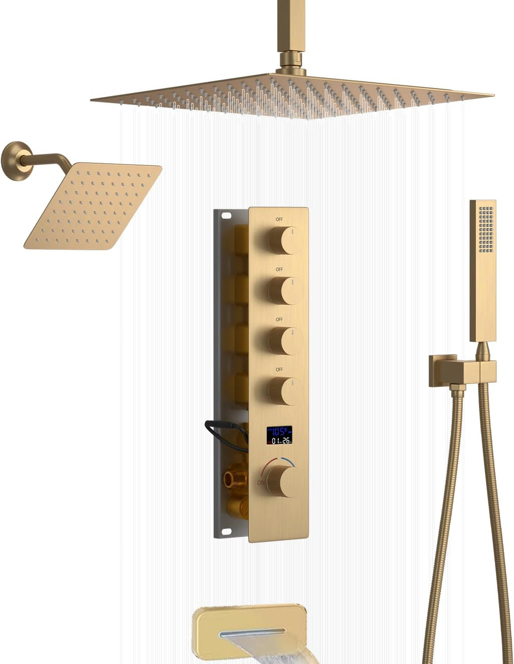 Brushed Gold Dual Shower Heads Shower System with 12'& 8' Shower Heads Full Body Digital Display Shower Set With Handheld Shower and Waterfall Tub Spout