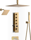 Brushed Gold Dual Shower Heads Shower System with 12'& 8' Shower Heads Full Body Digital Display Shower Set With Handheld Shower and Waterfall Tub Spout