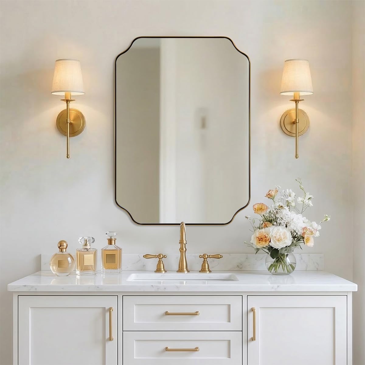 MIRRORART Gold Bathroom Mirrors 22x30'', Scalloped Brass Vanity Mirrors Rounded Notched Corner in 1'' Anti-Rust Seamless SUS304 Metal Frame Wall Mounted Vertical/Horizontal for Bathroom, Over Sinks