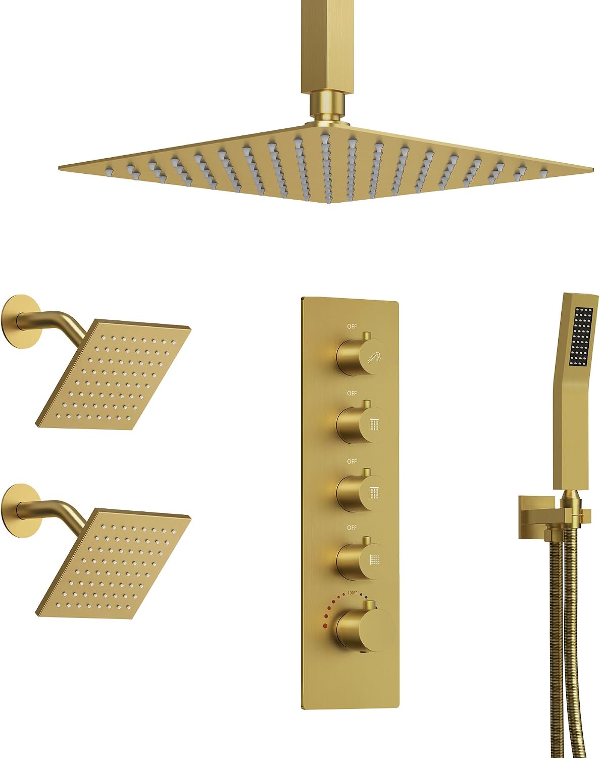 Thermostatic Shower system, 16, 6 in. Bathroom Shower Set Wall Mount Dual Shower Head Faucet in Brushed Gold