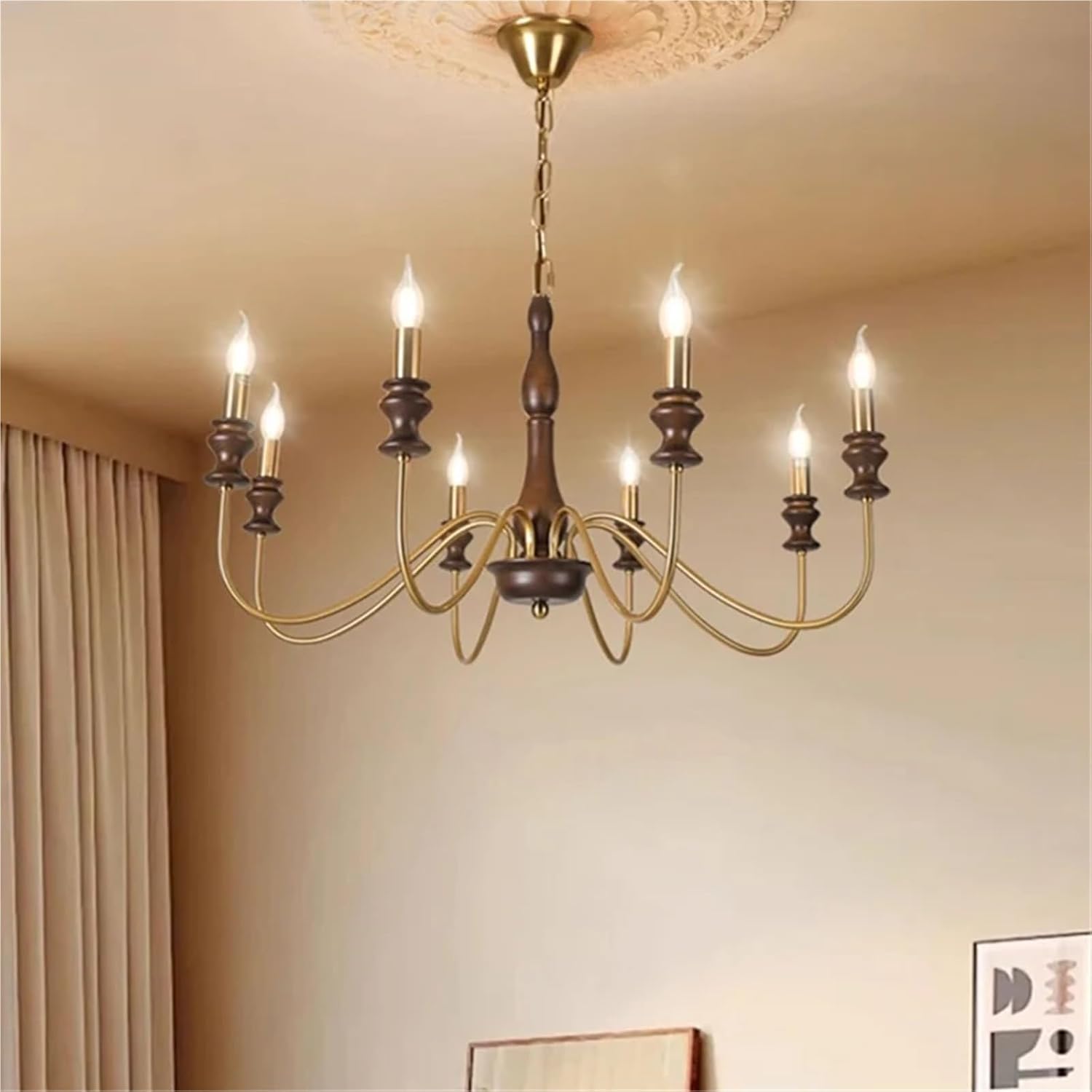 Retro Style E14 Bulb Chandelier Gold Silver Black Metal Dark Wood for Parlor Restaurant Bedroom Lighting,Dining Light Fixtures