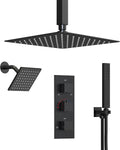 12' Ceiling Mount Dual Rainfall Shower Head System with Handheld Spray, Bathroom Shower Set with Valve (Matte Black)