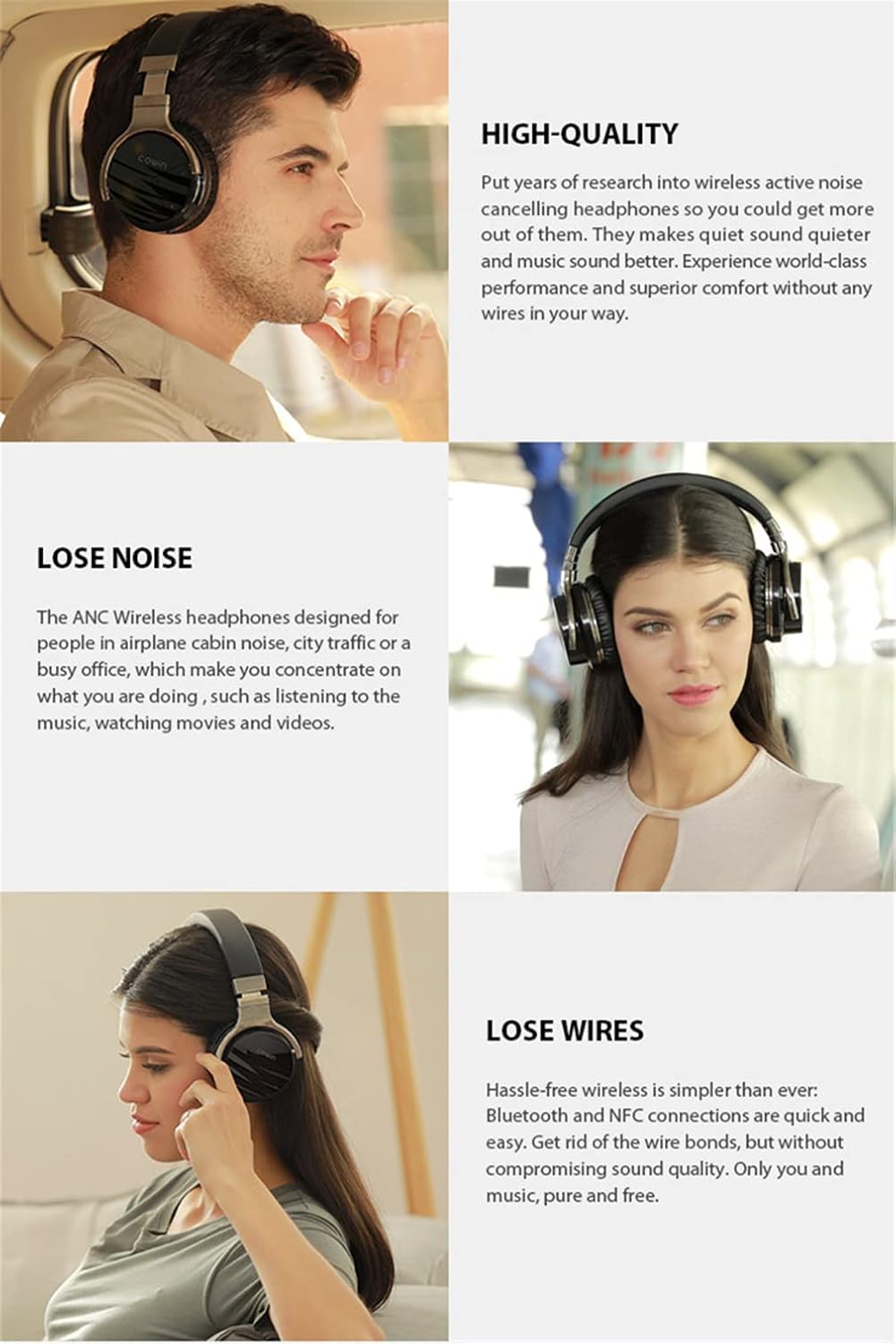 Sports ANC Active Noise Cancelling Headphones Wireless Bluetooth Over-Ear Foldable Headsets with Mic, Hi-Fi Stereo Deep Bass, 30H Playtime, for Sports/TV/Work,Black